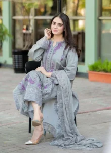 Mushq Style Airjet Lawn Embroidered 3 Piece Suit Grey