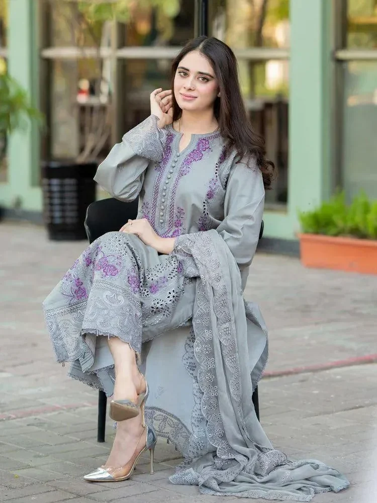 Mushq Style Airjet Lawn Embroidered 3 Piece Suit Grey