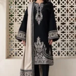 Elegant Black Embroidered Kurta Set with Beige Shawl for Women view 1