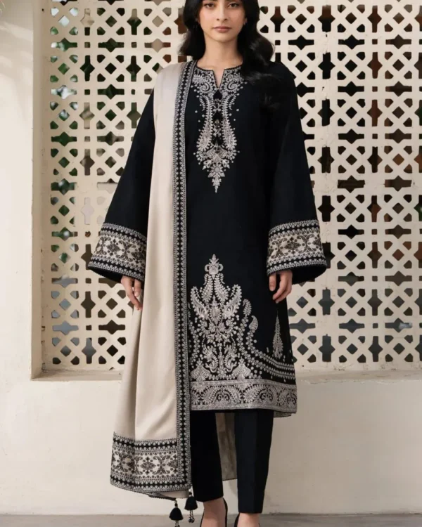 Elegant Black Embroidered Kurta Set with Beige Shawl for Women