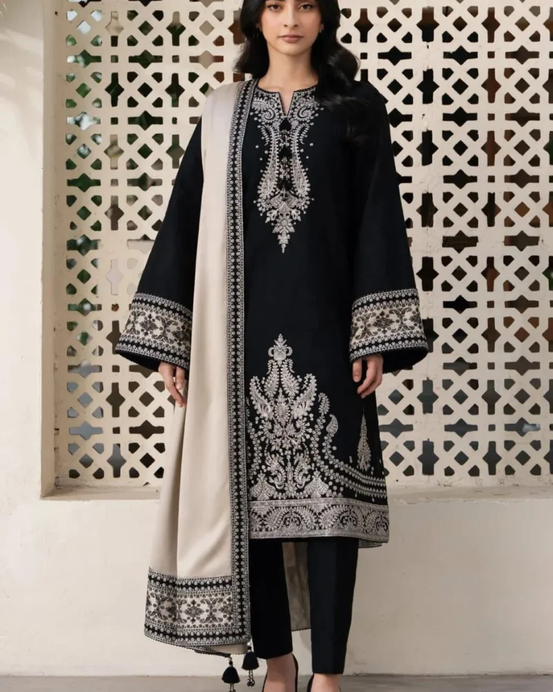 Elegant Black Embroidered Kurta Set with Beige Shawl for Women