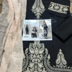 Elegant Black Embroidered Kurta Set with Beige Shawl for Women view 2