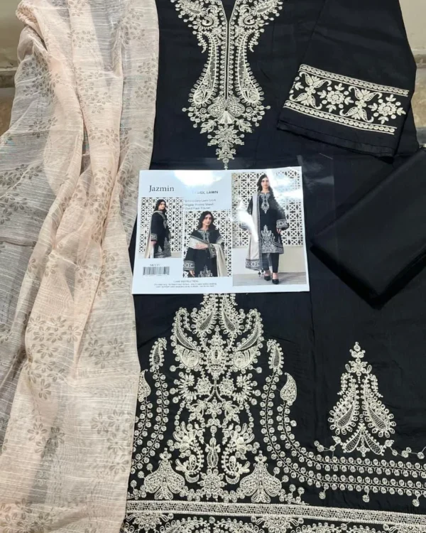 Elegant Black Embroidered Kurta Set with Beige Shawl for Women — alternate view