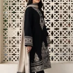 Elegant Black Embroidered Kurta Set with Beige Shawl for Women view 6