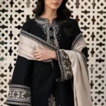 Elegant Black Embroidered Kurta Set with Beige Shawl for Women view 7