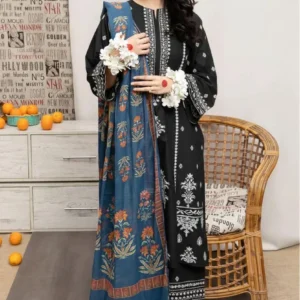 Elegant Black Embroidered Lawn 3 Piece Suit with Digital Print Dupatta