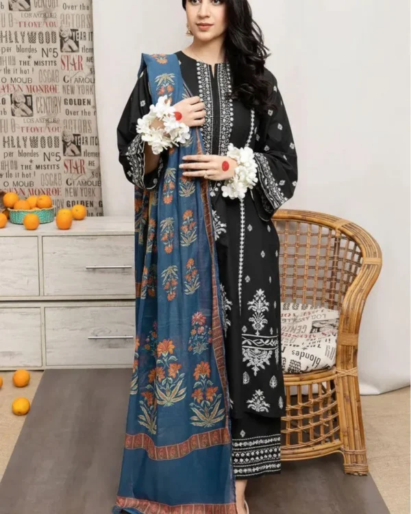Elegant Black Embroidered Lawn 3 Piece Suit with Digital Print Dupatta