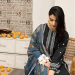 Elegant Black Embroidered Lawn 3 Piece Suit with Digital Print Dupatta view 2