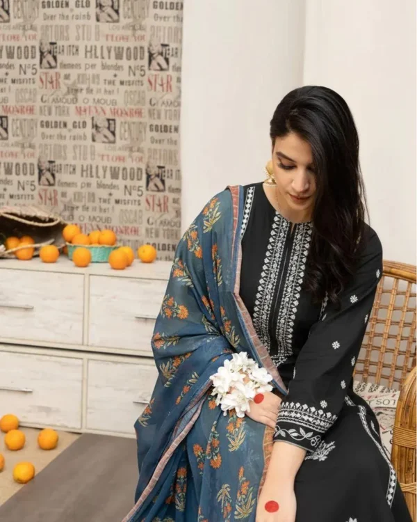 Elegant Black Embroidered Lawn 3 Piece Suit with Digital Print Dupatta — alternate view