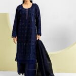 Elegant Navy Blue Embroidered Lawn 3 Piece Suit for Women view 1