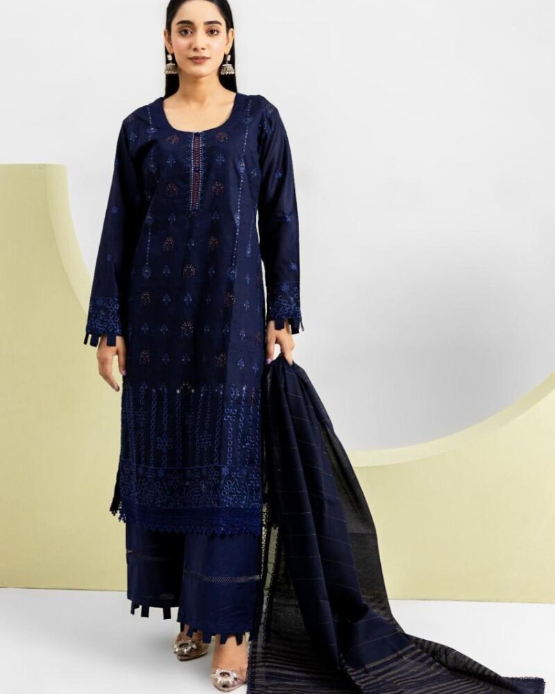 Elegant Navy Blue Embroidered Lawn 3 Piece Suit for Women