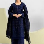 Elegant Navy Blue Embroidered Lawn 3 Piece Suit for Women view 2