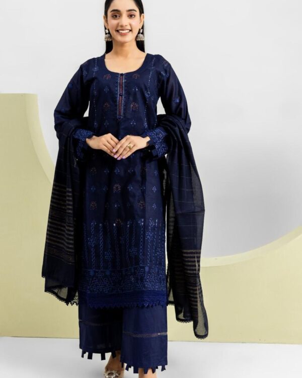 Elegant Navy Blue Embroidered Lawn 3 Piece Suit for Women — alternate view