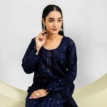 Elegant Navy Blue Embroidered Lawn 3 Piece Suit for Women view 3