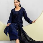 Elegant Navy Blue Embroidered Lawn 3 Piece Suit for Women view 4