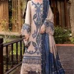 Elegant Blue Beige Embroidered Lawn Suit 3 Piece Set for Women view 1