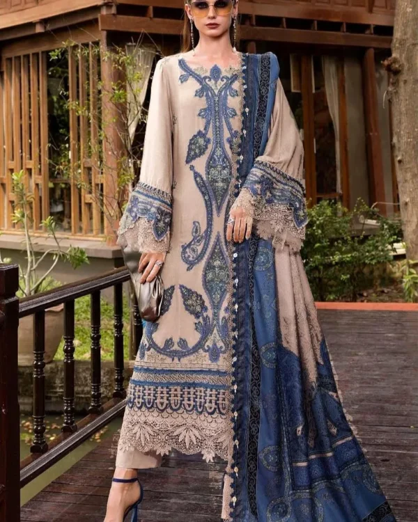 Elegant Blue Beige Embroidered Lawn Suit 3 Piece Set for Women