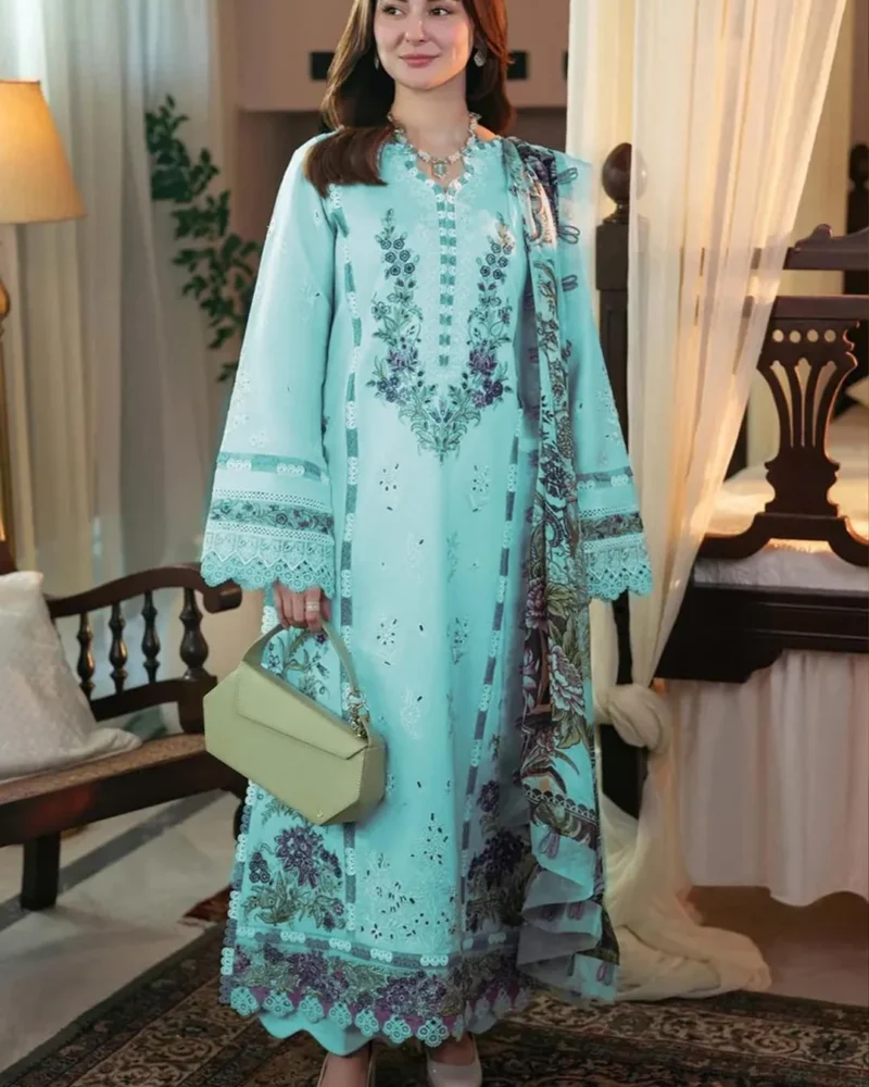 Elegant Light Blue Embroidered Kurta Set 3 Piece Suit for Women