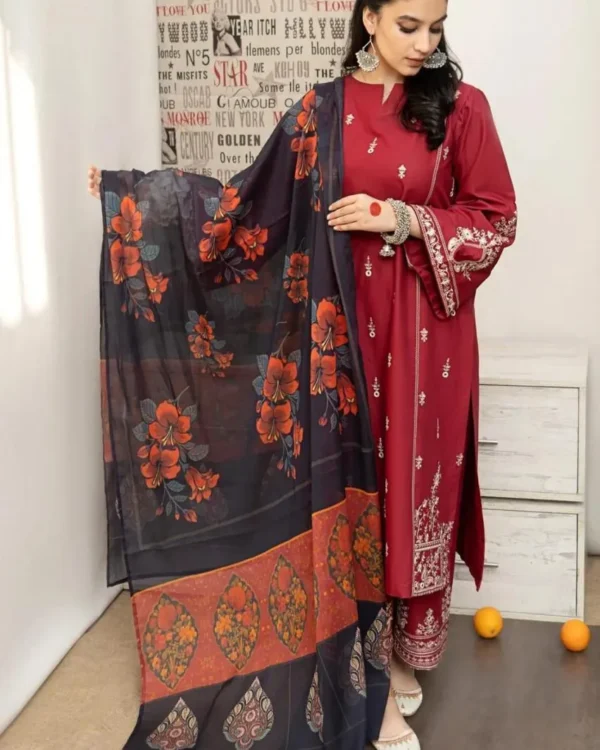 Elegant Maroon Embroidered Lawn 3 Piece Suit with Printed Dupatta