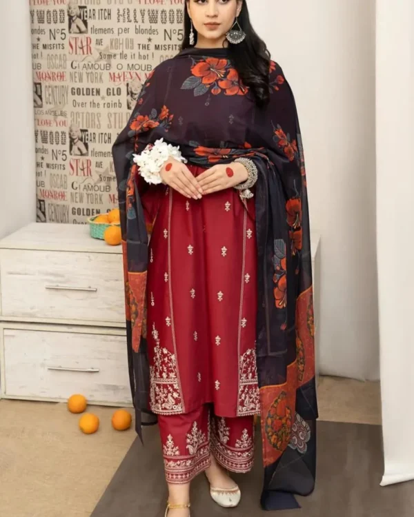 Elegant Maroon Embroidered Lawn 3 Piece Suit with Printed Dupatta — alternate view