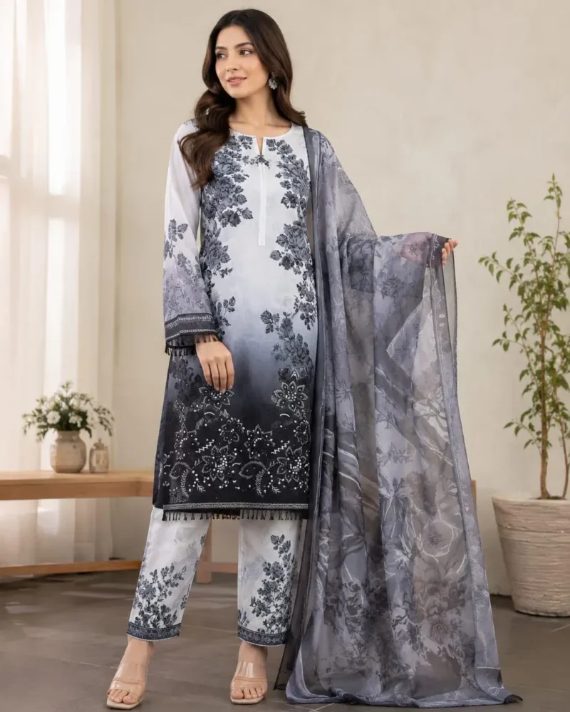 Elegant Black Printed Lawn 3 Piece Suit for Women