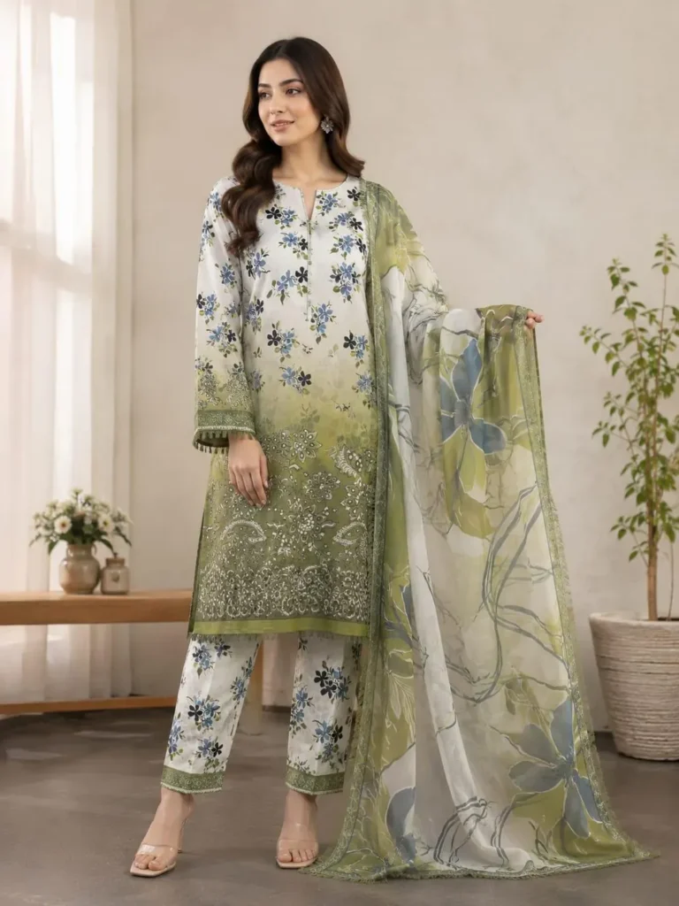 Elegant Floral Green Kurta Set 3 Piece Suit for Women