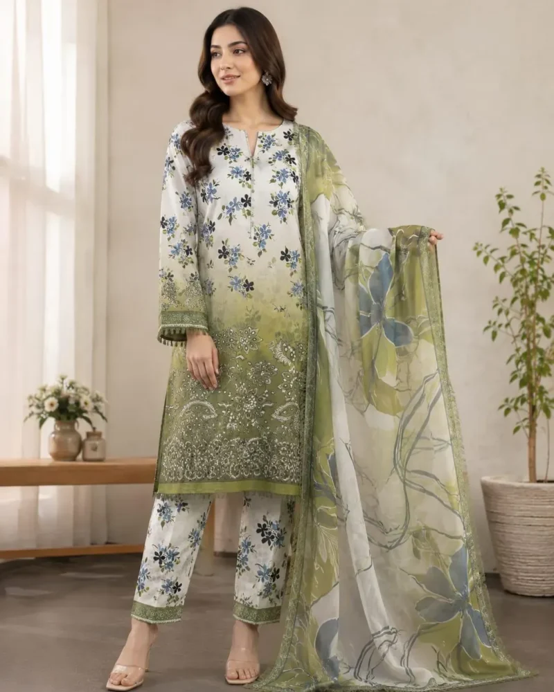 Elegant Floral Green Kurta Set 3 Piece Suit for Women