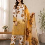 Elegant Floral Printed Kurta Set Yellow 3 Piece Suit for Women view 1
