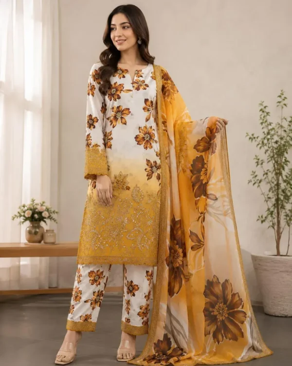 Elegant Floral Printed Kurta Set Yellow 3 Piece Suit for Women