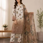 Elegant Brown Printed Lawn 3 Piece Suit for Women view 1