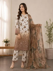 Elegant Brown Printed Lawn 3 Piece Suit for Women
