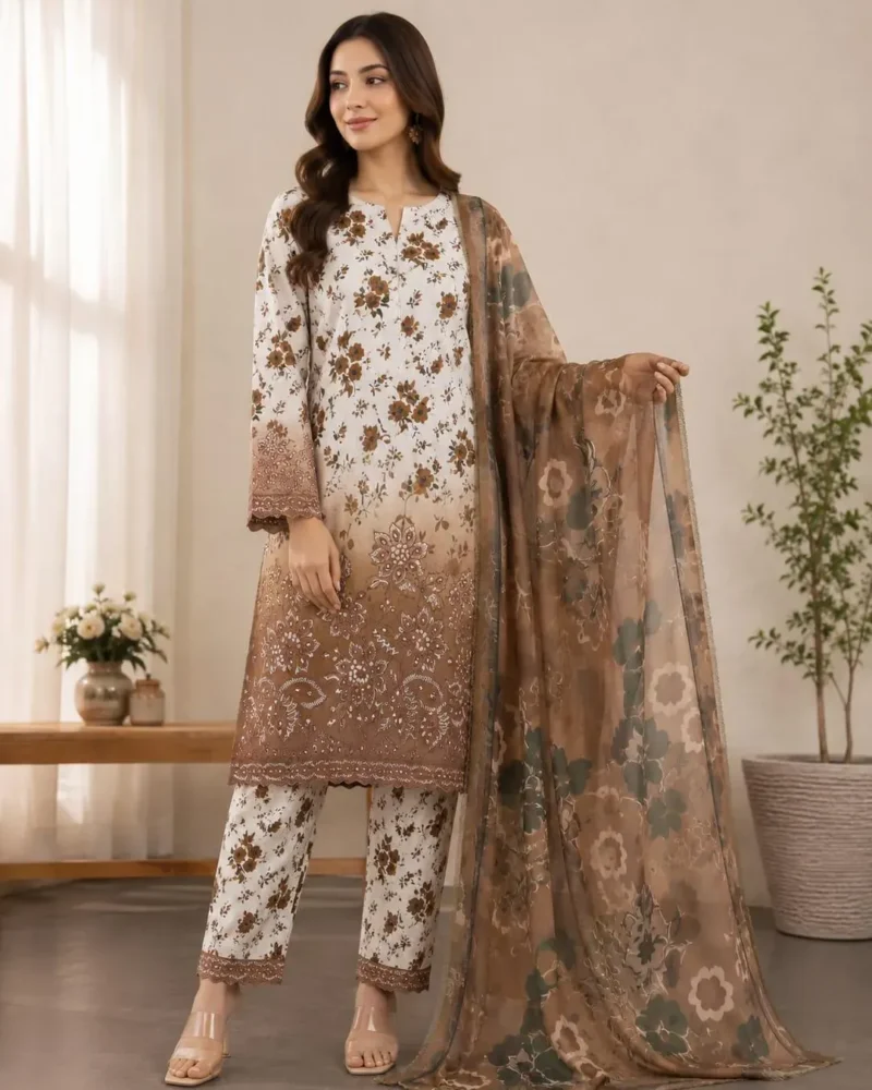 Elegant Brown Printed Lawn 3 Piece Suit for Women