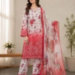 Elegant Red Printed Lawn 3 Piece Suit for Women view 1