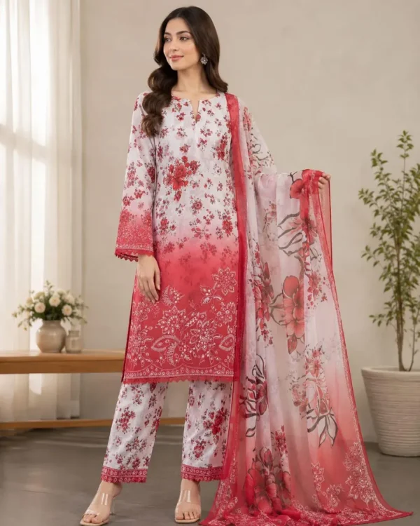 Elegant Red Printed Lawn 3 Piece Suit for Women