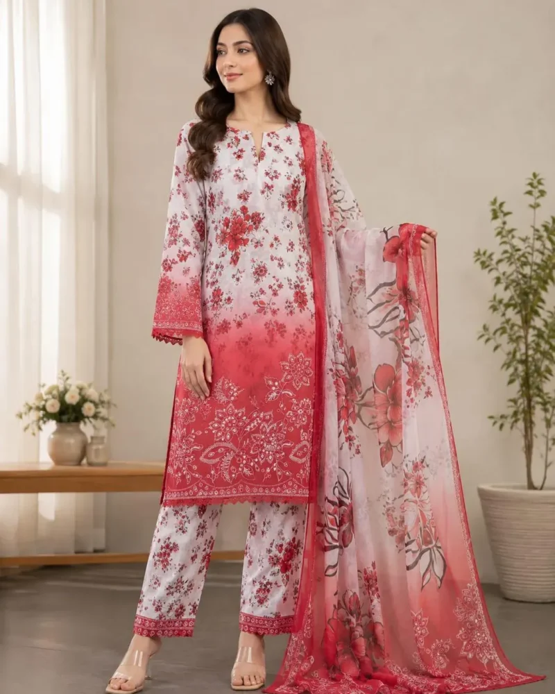 Elegant Red Printed Lawn 3 Piece Suit for Women