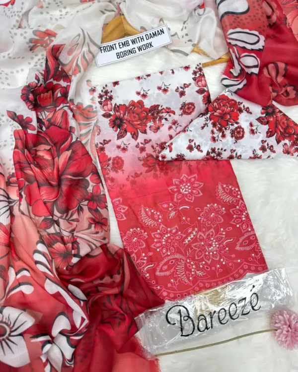 Elegant Red Printed Lawn 3 Piece Suit for Women — alternate view