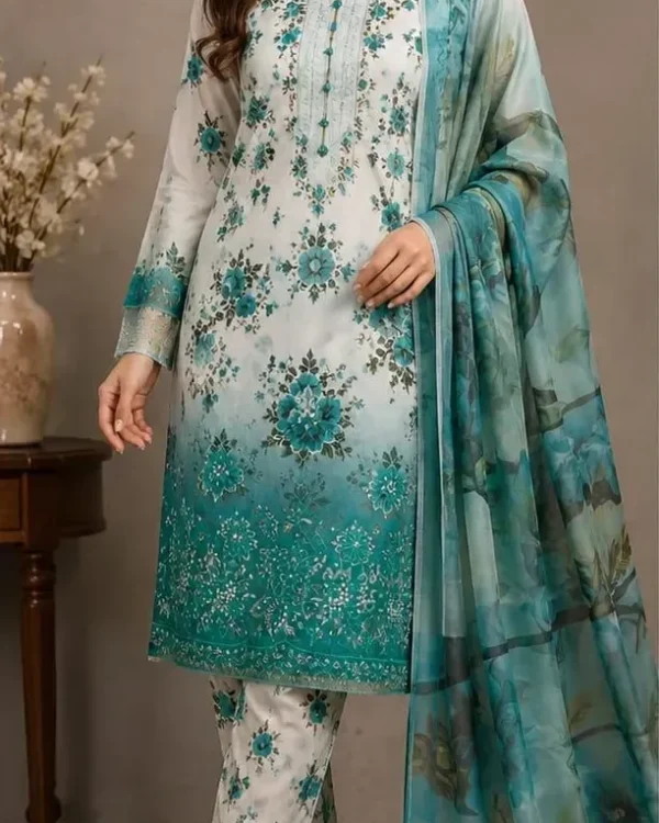 Elegant Green Printed Lawn 3 Piece Suit for Women