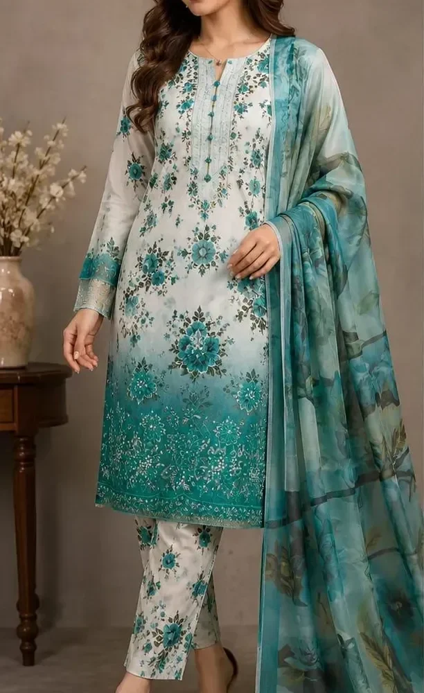 Elegant Green Printed Lawn 3 Piece Suit for Women