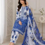 Elegant Blue Printed Lawn 3 Piece Suit for Women view 1