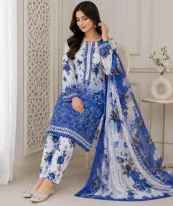 Elegant Blue Printed Lawn 3 Piece Suit for Women