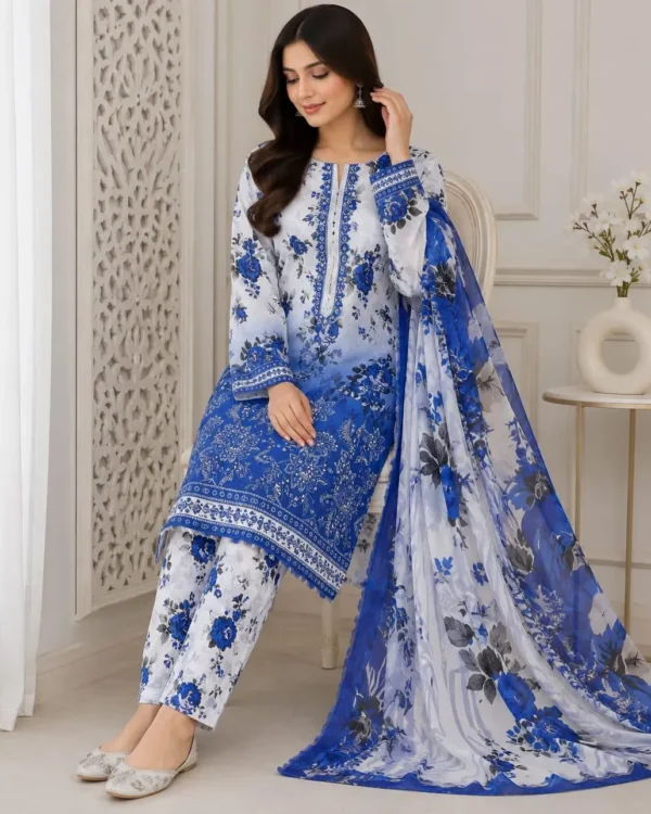 Elegant Blue Printed Lawn 3 Piece Suit for Women