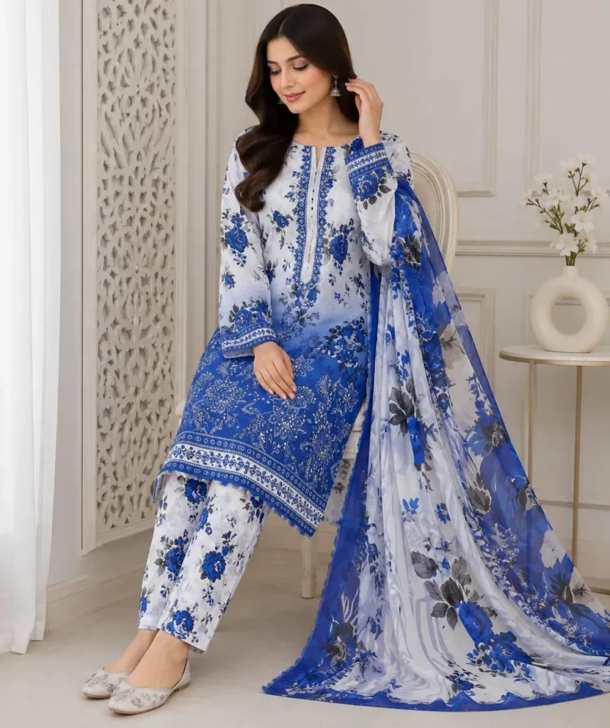 Elegant Blue Printed Lawn 3 Piece Suit for Women