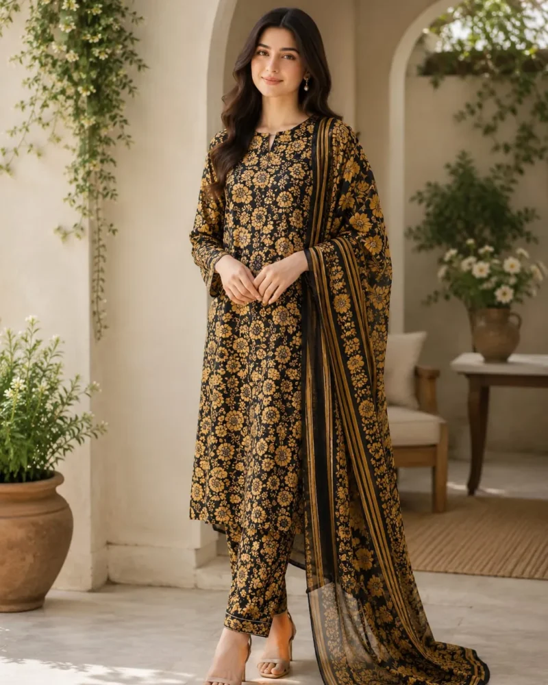 Elegant Yellow Printed Lawn 3 Piece Suit for Women